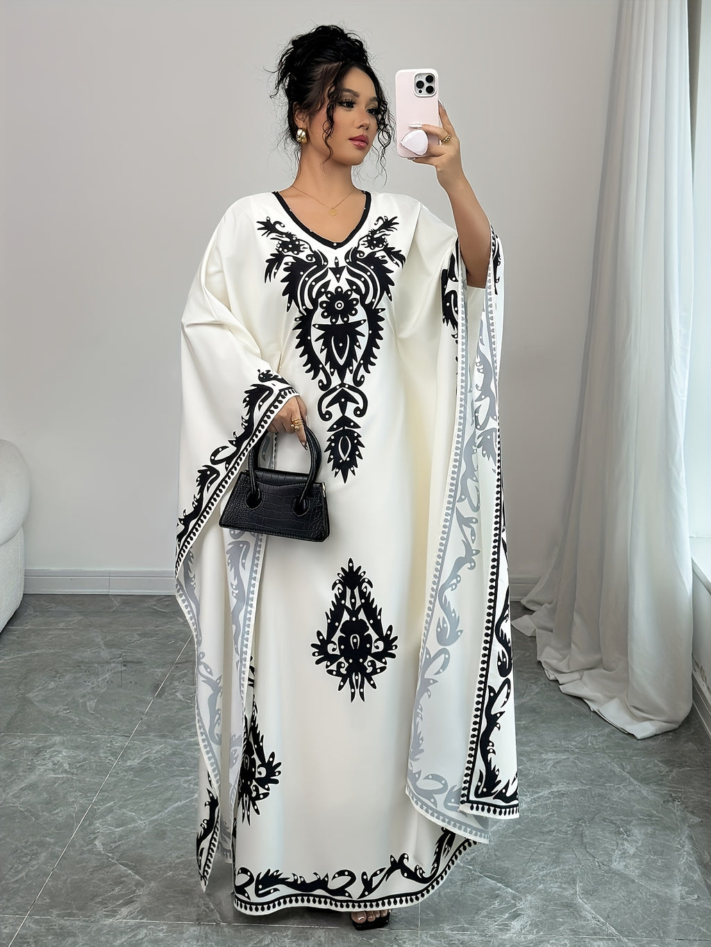 Casual Women's Middle Eastern Ethnic Print Loose Robe - Apricot