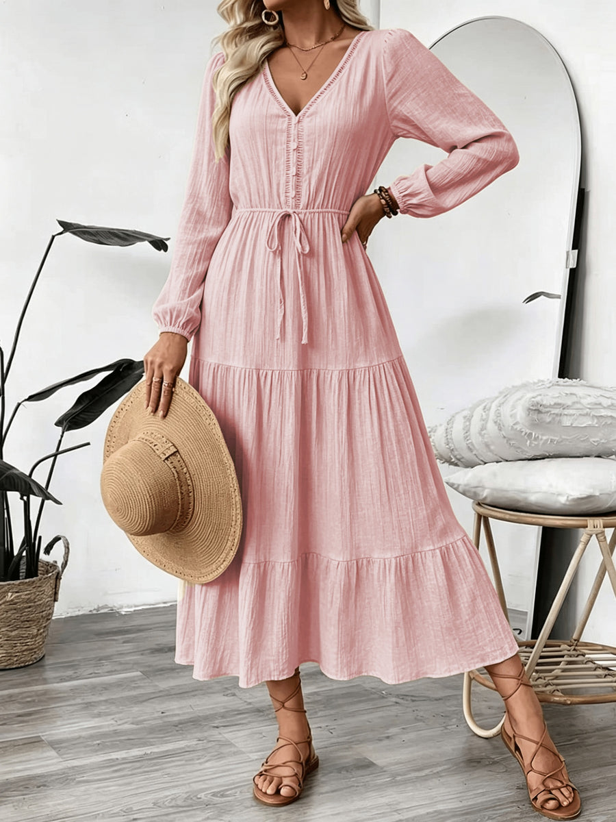 Women's Vacation Style Dress, Elegant and Fashionable V-Neck Lace Long Sleeve Maxi Dress - Pink