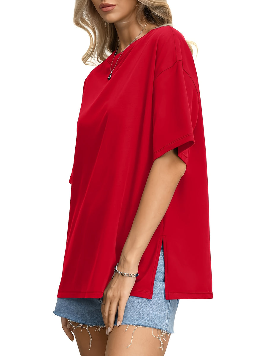 Oversized Women's Comfortable Basic Shirt with Round Neck, Casual Side Slit Top, Fashionable Loose Fit Short Sleeve T-Shirt - Deep Red