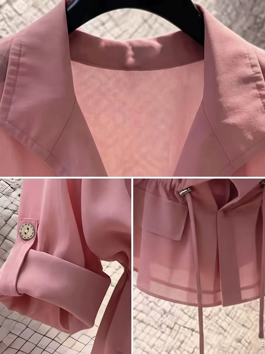Drawstring Waist Chiffon Shirt, Lapel Collar with Cargo Pockets - Pink Color