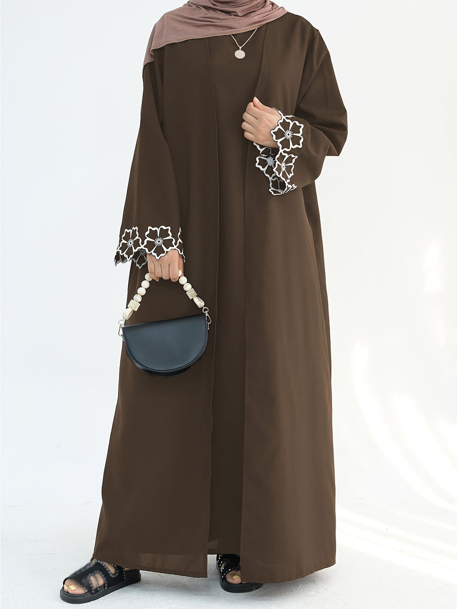 1pc Women's Elegant Floral Embroidered Saudi Arabian Abaya - Open Front Long Sleeve Loose Fit Islamic Dress, Middle Eastern Traditional Attire for Daily Wear, Vacation, Parties & Gatherings, Muslim Dress - Bronze