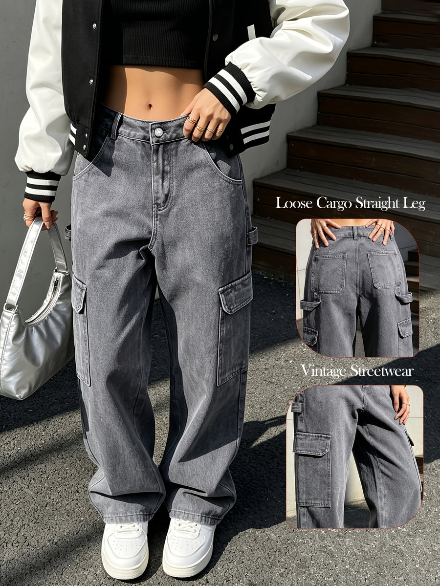 Women'S Vintage Wash Cargo Jeans, Multi-Pocket Loose Straight Leg Denim Trousers, Vintage Streetwear Y2K Casual Pants - Dark Gray