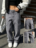 Women'S Vintage Wash Cargo Jeans, Multi-Pocket Loose Straight Leg Denim Trousers, Vintage Streetwear Y2K Casual Pants - Dark Gray