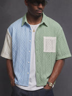 Men's Short-Sleeve Shirt with Knit Texture and Color Block Design, Trendy, Fashionable, Simple, Casual, New Summer Short Shirt - Matcha Color