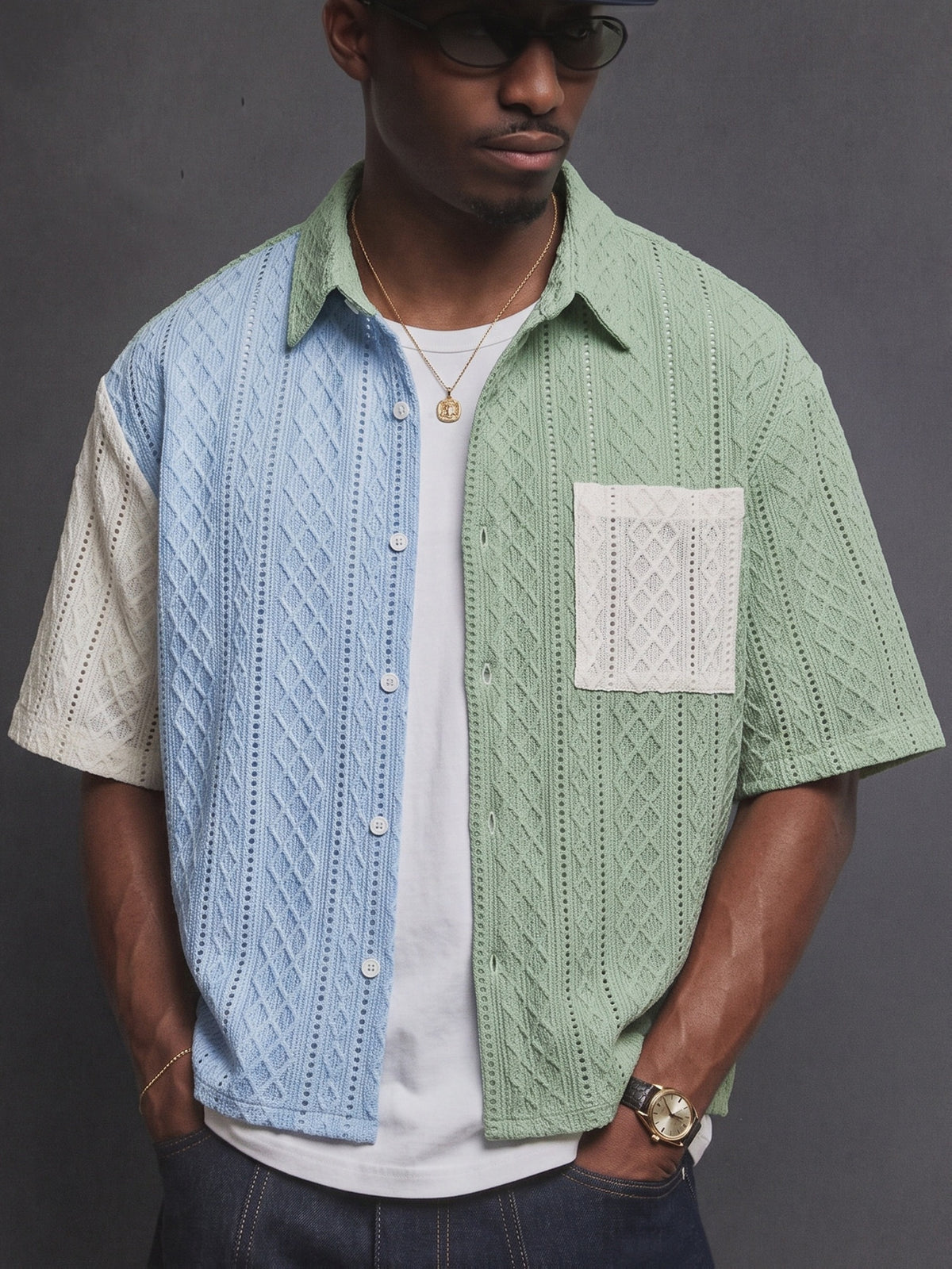 Men's Short-Sleeve Shirt with Knit Texture and Color Block Design, Trendy, Fashionable, Simple, Casual, New Summer Short Shirt - Matcha Color