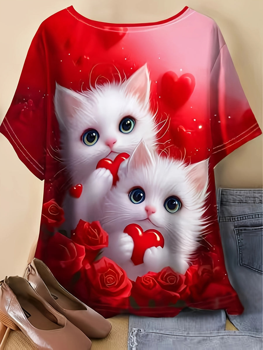 New Women'S T-Shirt with Digital Print of Two Fluffy White Kittens with Blue Eyes, Holding a Red Heart-Shaped Pattern, Surrounded by Red Roses And Heart Designs, Round Neck Short Sleeve Summer Top, Casual Outdoor Wear - Mixed colors