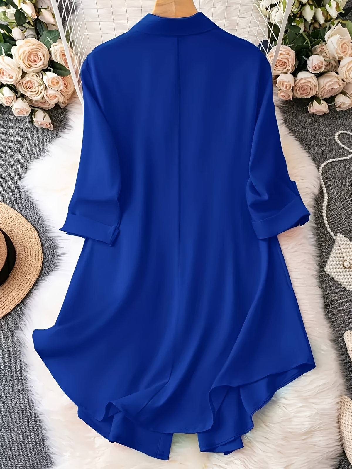 Women's Long Sleeve Casual Loose Fit Shirt Dress - Blue