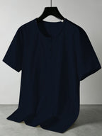 Men'S Summer -Linen Half-Zip Short Sleeve T-Shirt - Navy Color