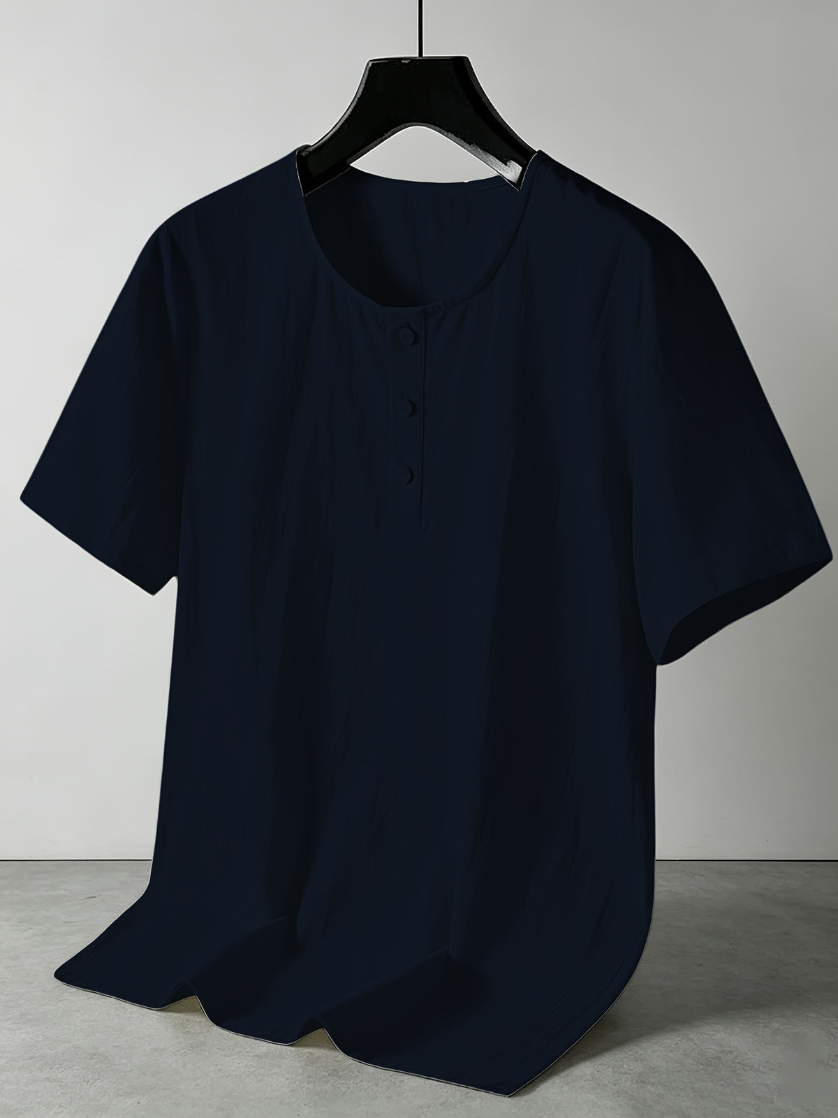 Men'S Summer -Linen Half-Zip Short Sleeve T-Shirt - Navy Color