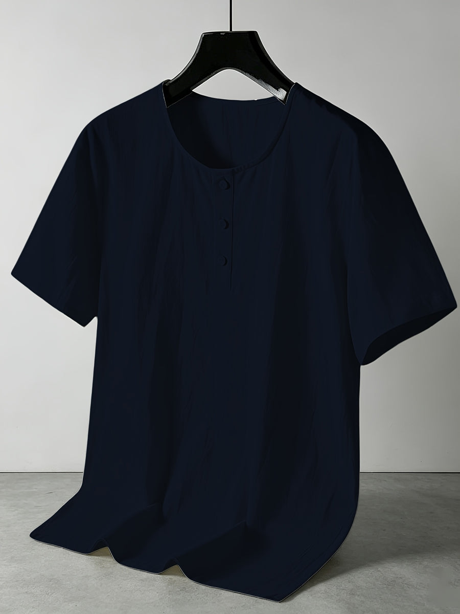 Men'S Summer -Linen Half-Zip Short Sleeve T-Shirt - Navy Color