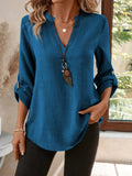 Elegant Women's Simple Casual Daily Short-Sleeve Solid Color Shirt, Spring/Summer Fashion Casual Outing Shirt, BK0608018 - Sea Blue
