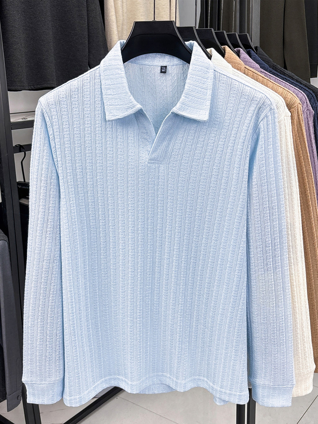 Mature Men'S Knit Long Sleeve Polo Shirt, Multi-Cable Design Heavyweight Style Multi-Color Available Textured Ribbed Fabric, V-Neck Long Sleeve Design, Delicate Vertical Ribbed Jacquard Texture, Light Mature Business Casual Style - Light Blue
