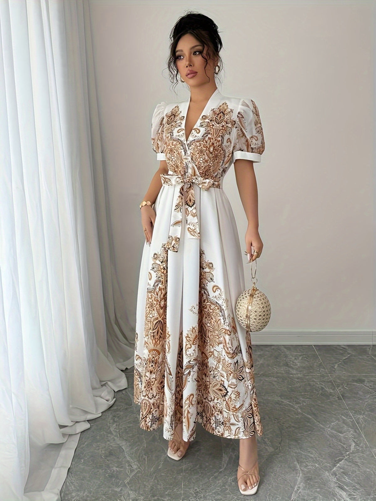 Middle Eastern Summer Elegant Festive Gathering Vacation Positioning Paisley Floral Print Puff Short Sleeve V-Neck Belt A-Line Dress - Champagne