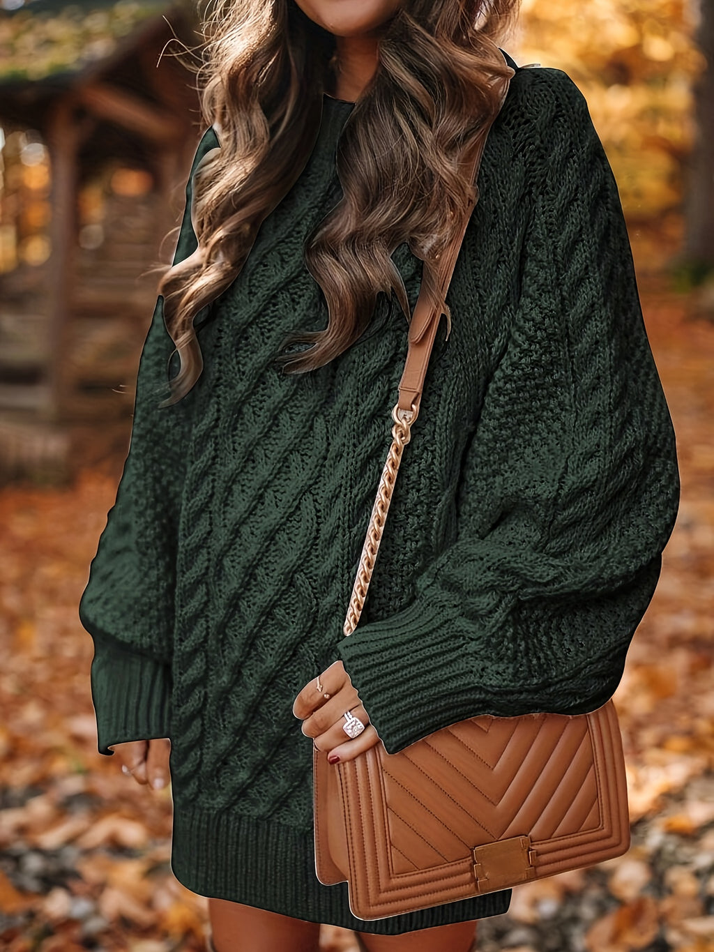 Women's Sweater Dress, Women's Long Sleeve Crew Neck Textured Knitted Dresss - Dark Green