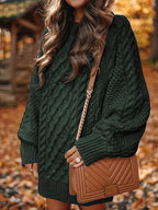 Women's Sweater Dress, Women's Long Sleeve Crew Neck Textured Knitted Dresss - Dark Green