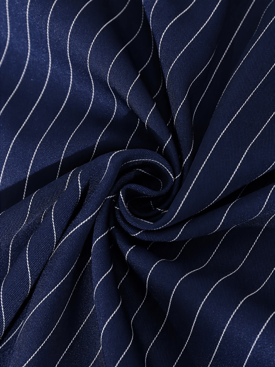 Elegant Exquisite Color Block Lapel Sleeveless Striped Dress for Women, V Neck Metal Buttons Waist-Cinched Midi A-Line Flared Dress with Belt Fashion Office Chic Navy Striped Dress, Suitable for Workplace Dating Afternoon Tea - Navy Color