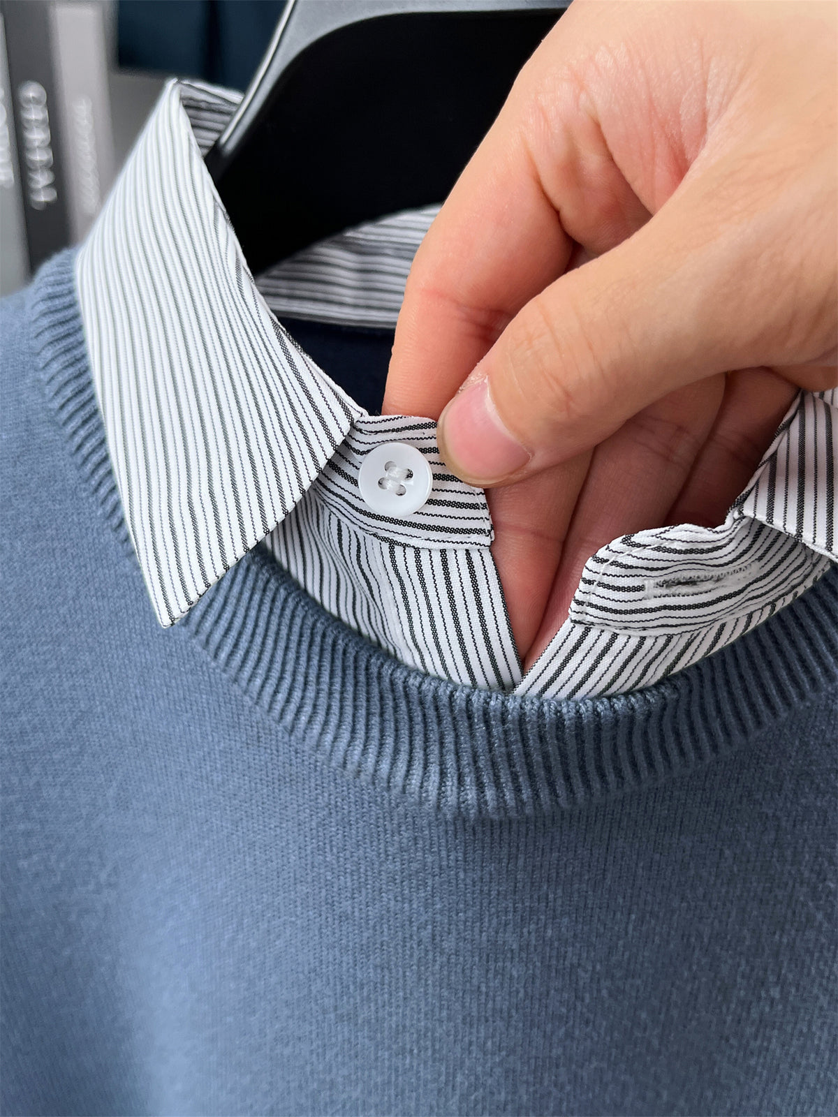 ZBZP Autumn Winter Knit 3D Solid Color Lapel POLO Sweater, Basic Knit Pullover Top for Men, Fashionable Long Sleeve Sweater ZYFSBSS - Blue Grey