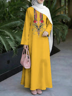 Women'S Hot Middle Eastern Style Muslim Elegant Robe, Bright Yellow Background with Ethnic Floral Print, Easy Straight Long Sleeve Cut, for Prayer, Banquets, And Outings, Quality Flowing Non-Embroidered Craft - Mixed colors