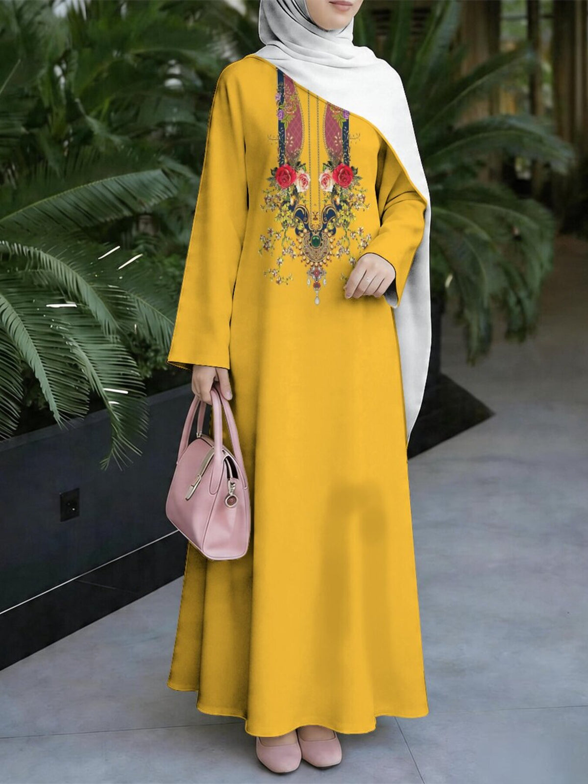 Women'S Hot Middle Eastern Style Muslim Elegant Robe, Bright Yellow Background with Ethnic Floral Print, Easy Straight Long Sleeve Cut, for Prayer, Banquets, And Outings, Quality Flowing Non-Embroidered Craft - Mixed colors