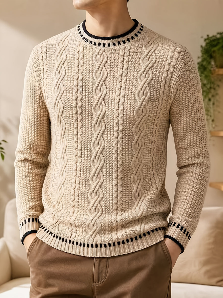 Black Friday, Christmas, Thanksgiving Pre-Heat, Men's Acrylic Blend Five-Color Options, Cable Knit, Contrast Stripe Ribbed Crew Neck Pullover Sweater with Contrast Stripes at Neckline, Cuffs, and Hem, Vintage Casual Daily Wear for Autumn/Winter - Khaki