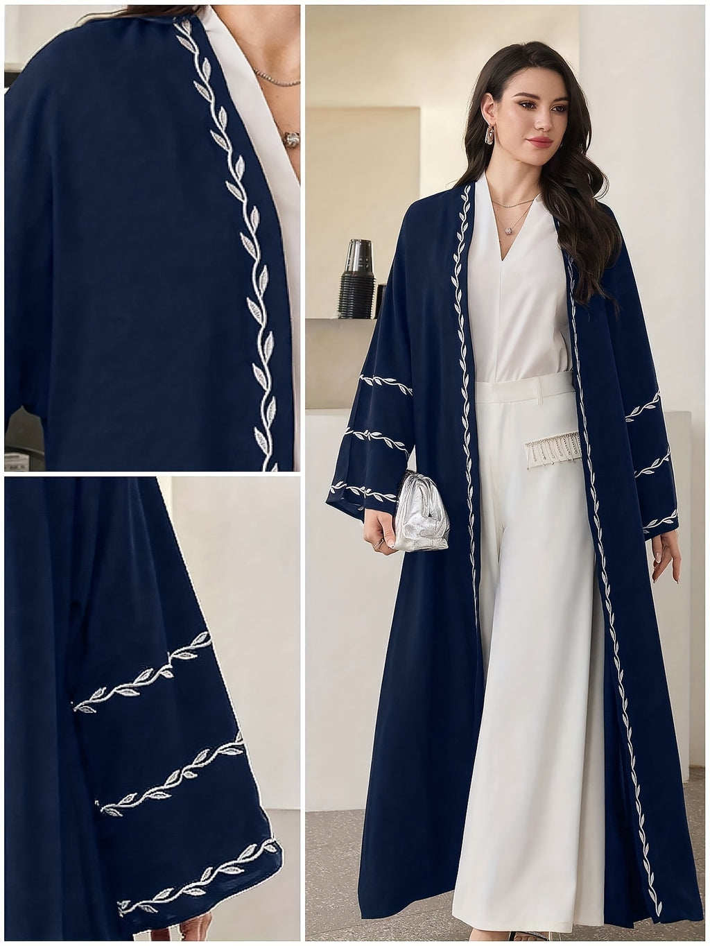 Women'S Floral Embroidery Long Sleeve Open Front Loose Arab Robe (Scarf Not Included) - Navy Color