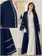 Women'S Floral Embroidery Long Sleeve Open Front Loose Arab Robe (Scarf Not Included) - Navy Color