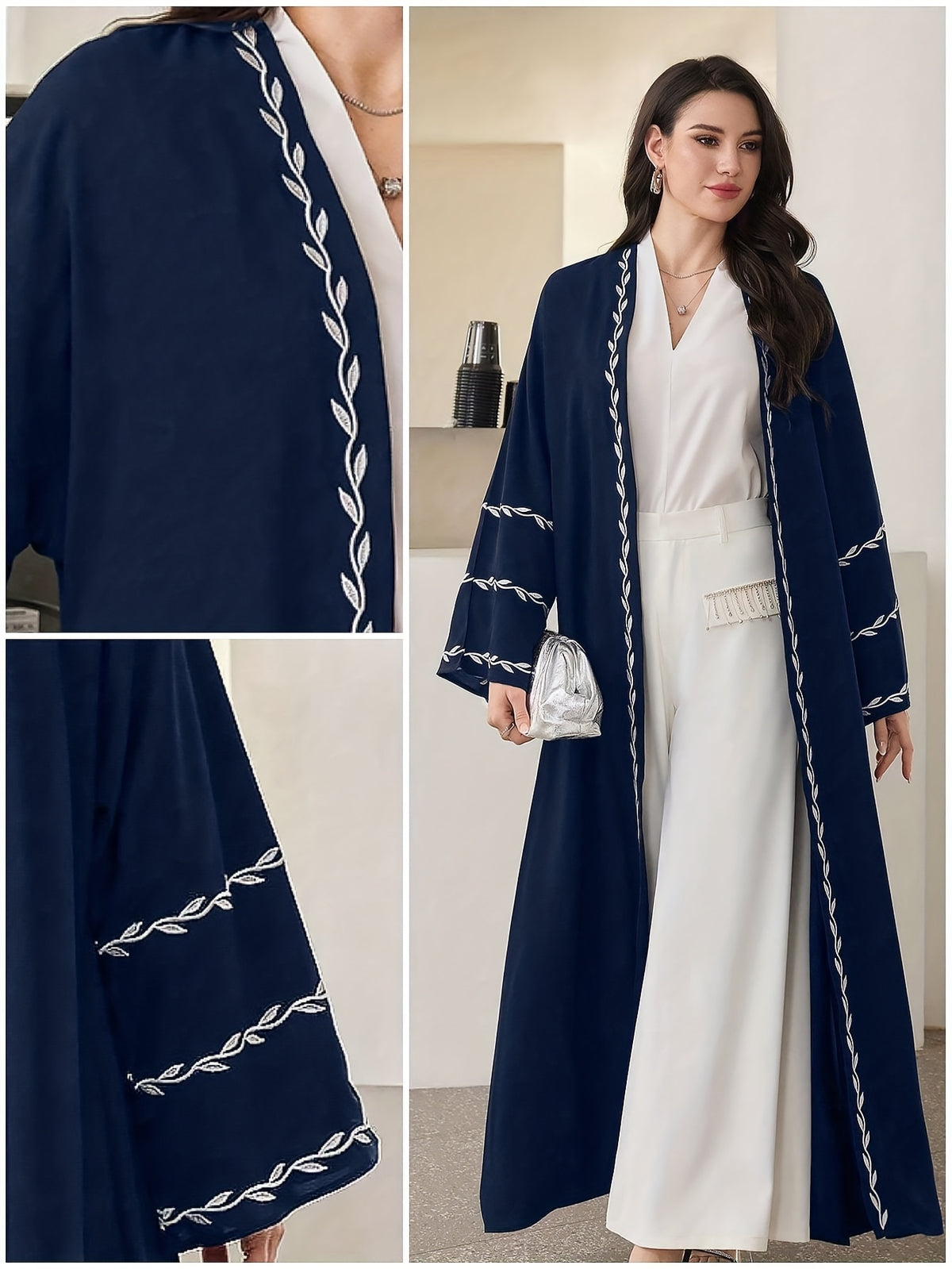 Women'S Floral Embroidery Long Sleeve Open Front Loose Arab Robe (Scarf Not Included) - Navy Color