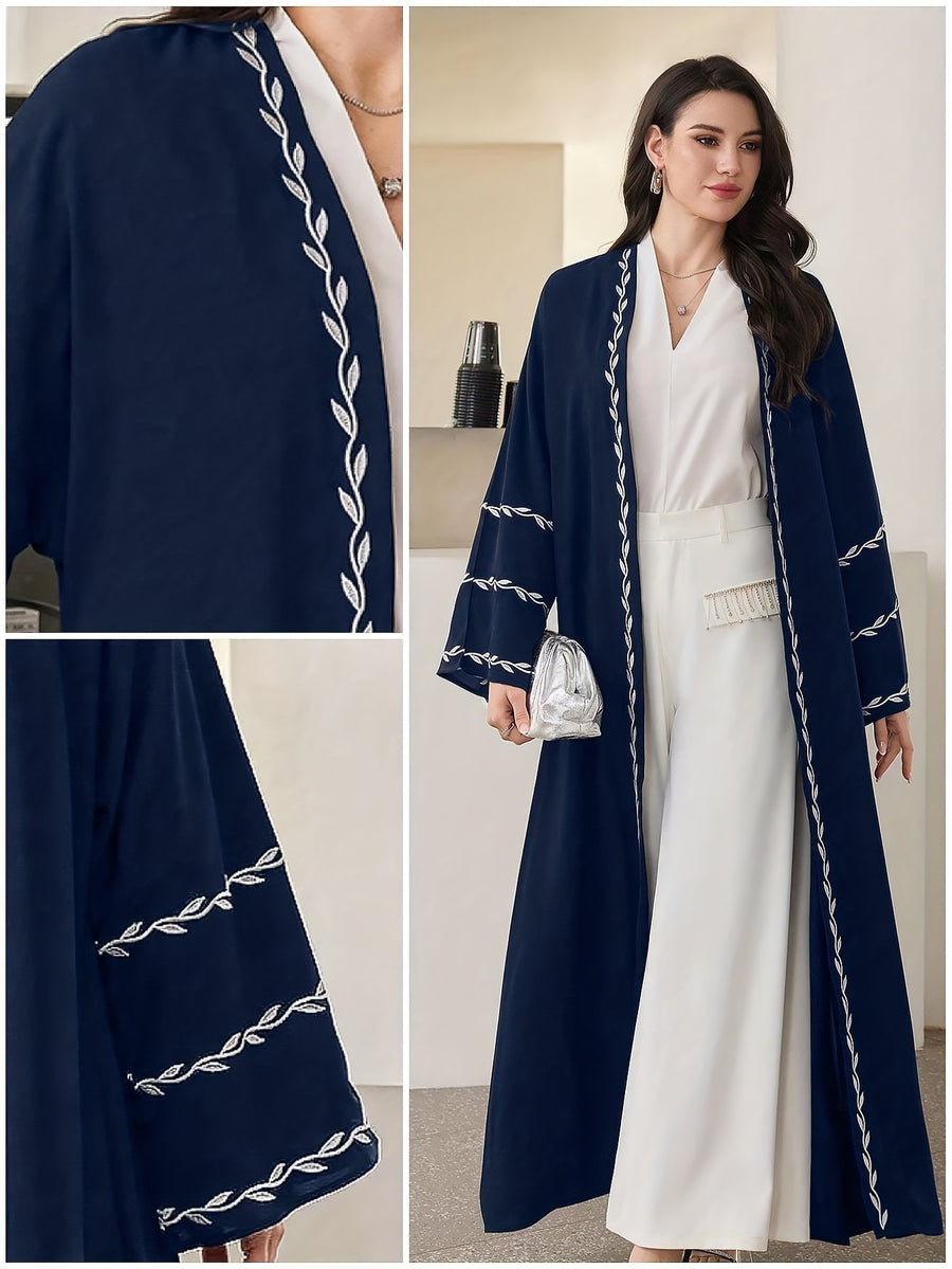 Women'S Floral Embroidery Long Sleeve Open Front Loose Arab Robe (Scarf Not Included) - Navy Color