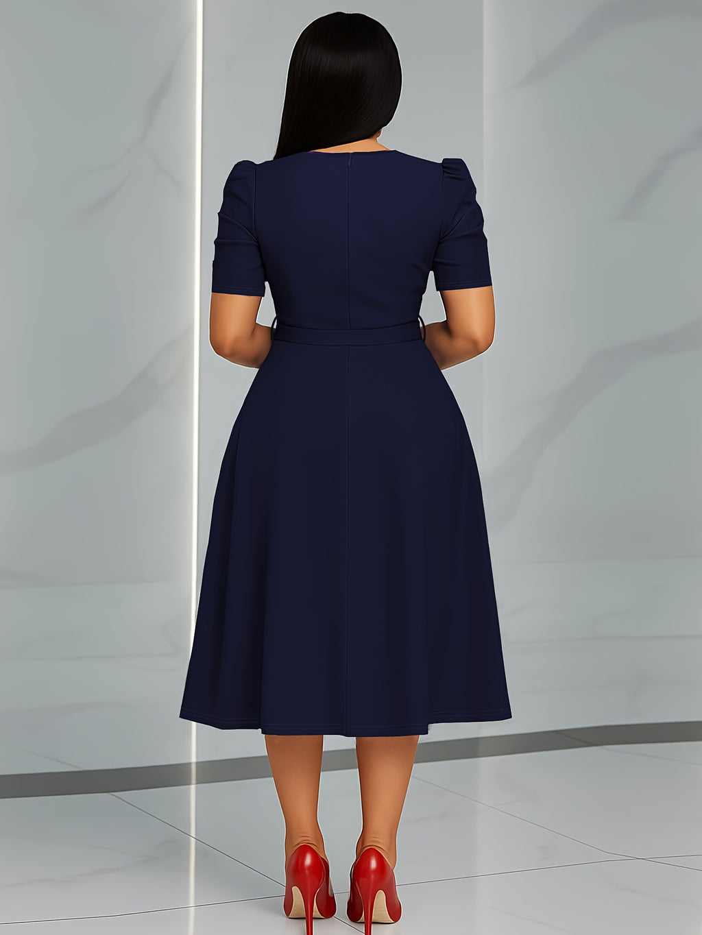 Women'S Elegant V-Neck Ruched Midi Dress, Solid Color Short Sleeve, Waist-Cinching Belt, Flowing Skirt, Perfect Spring Summer Outfit, Adult Fashion, Comfortable Daily Elegant Waist-Cinching Dress, Ruched Detail - Navy Color