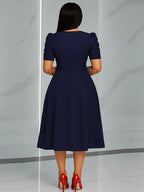 Women'S Elegant V-Neck Ruched Midi Dress, Solid Color Short Sleeve, Waist-Cinching Belt, Flowing Skirt, Perfect Spring Summer Outfit, Adult Fashion, Comfortable Daily Elegant Waist-Cinching Dress, Ruched Detail - Navy Color