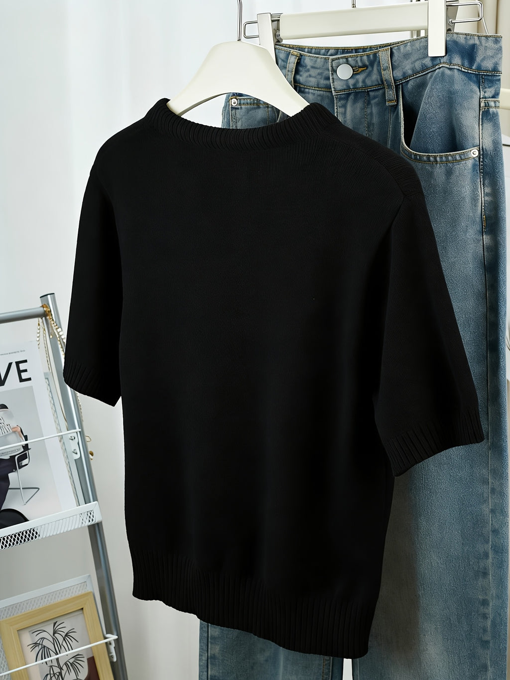 Gray Short-Sleeve Sweater with Scarf Bow Tie Collar - Round Neck Blouse-Compatible Suitable for Layering or Outerwear, Medium Stretch - Sweater for Commuting, Office & Casual Wear, Hand Washable Solid Color - Black