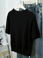 Gray Short-Sleeve Sweater with Scarf Bow Tie Collar - Round Neck Blouse-Compatible Suitable for Layering or Outerwear, Medium Stretch - Sweater for Commuting, Office & Casual Wear, Hand Washable Solid Color - Black