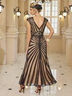 1920 Vintage Sequin Gatsby Ball Fringe Short Sleeve Dress, Party Banquet Dance Dress with Beaded Sequins, Toast Gown, In Stock - Black Pink