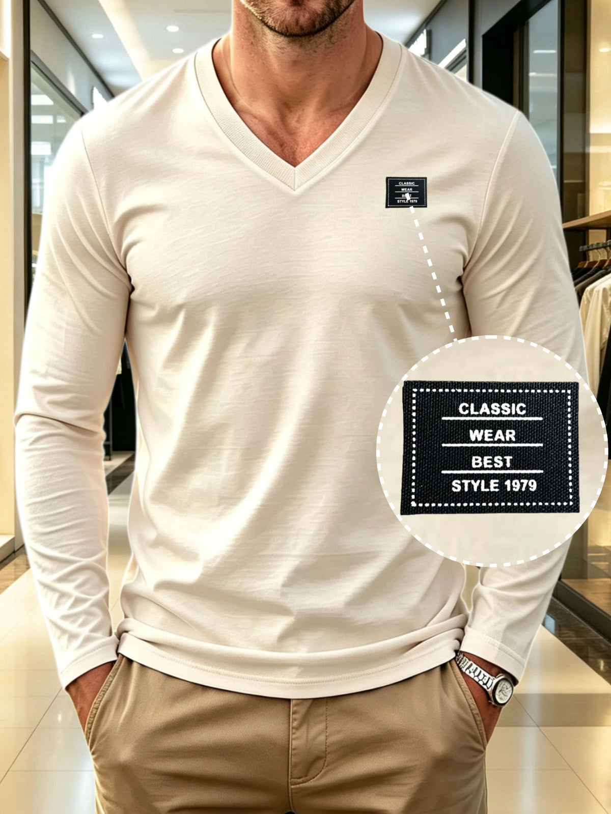 100% Cotton Men's V-Neck Long Sleeve Crewneck T-Shirt, Men's Knit Sweatshirt, Casual Sporty Outdoor Top, Versatile Men's Casual T-Shirt, Back-to-School Season, Gift for Friends - Apricot