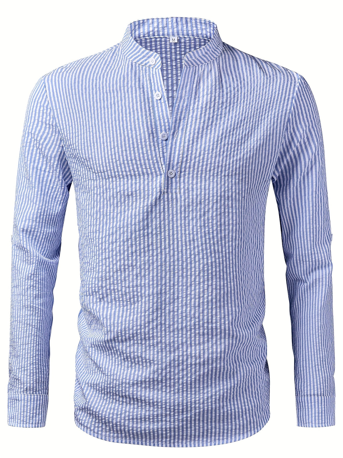 Men's Textured Random Print Blue and White Striped Open Front Single-Breasted Small Lapel Long Sleeve Casual Henry Shirt - Sky Blue