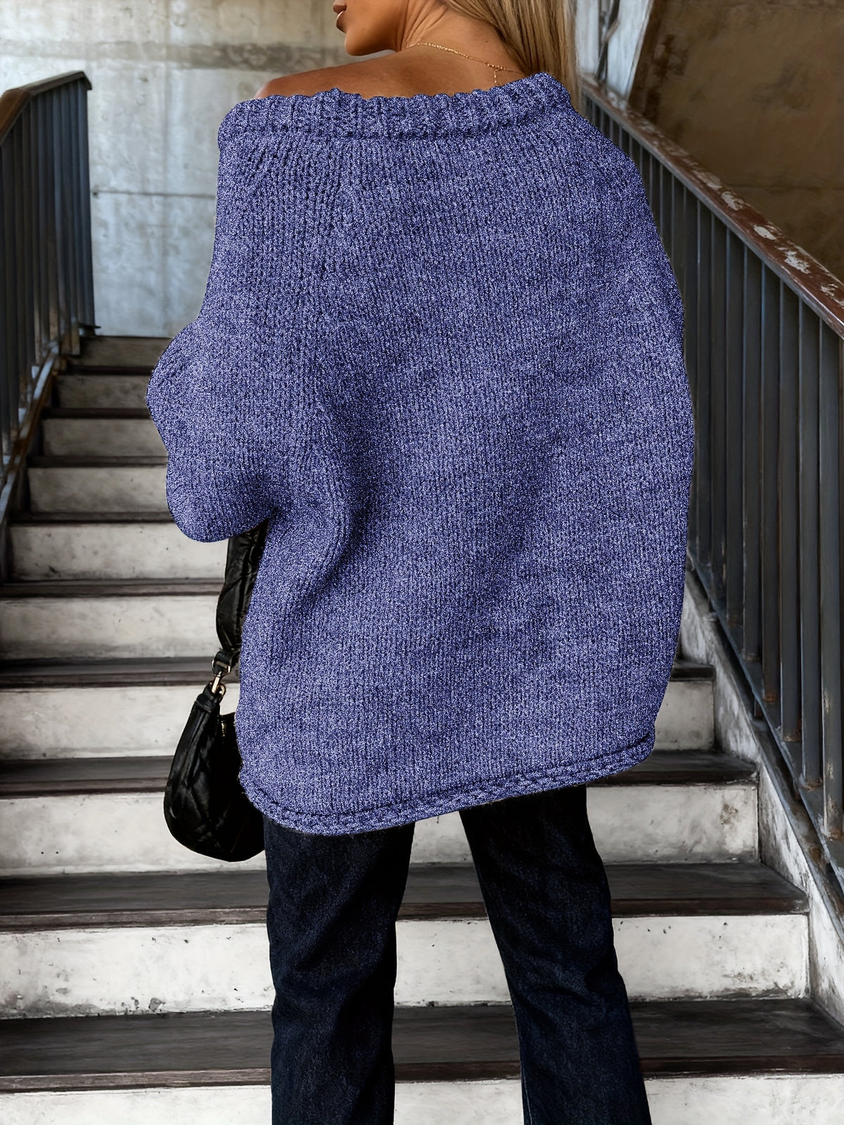 Women'S Fall Winter Casual Fashion Temperament Commute Versatile Easy Solid Color Large Round Neck Cross-Wear Sleeve Cuffed Design Loose Pullover Top - Blue