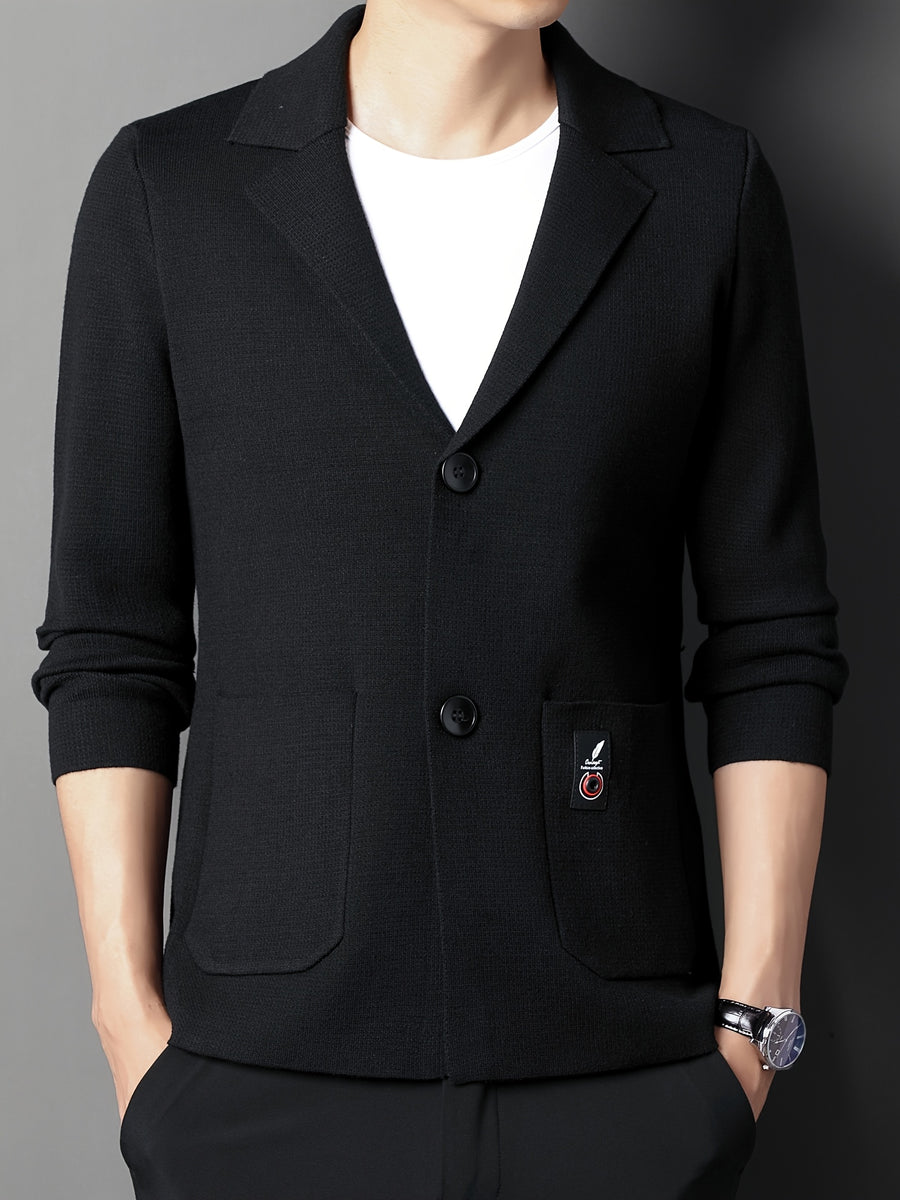 Du Jing Lan OBM New Spring/Summer Men's Knit Cardigan, Old Money Style Solid Color Suit Lapel Long Sleeve Open Front Knit Cardigan, Men's Business Casual Fashion Single-Breasted Ribbed Sweater Jacket with Side Pockets, Suitable for Layering - Black