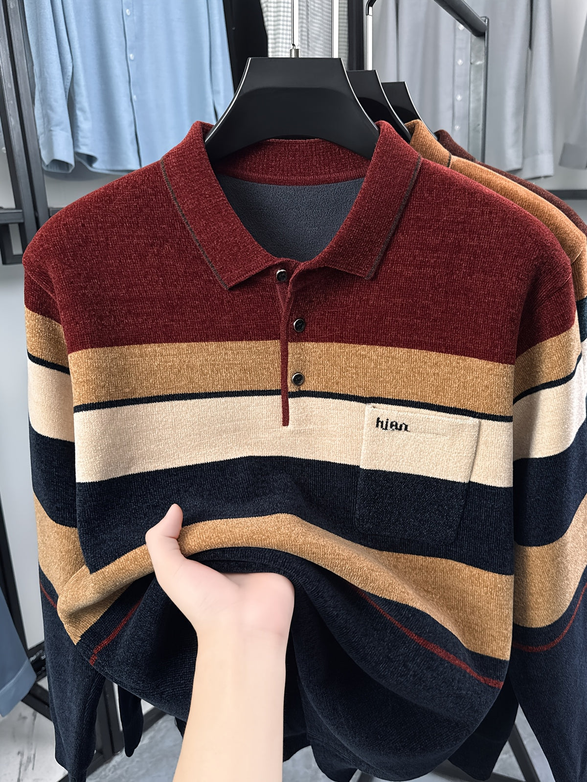New Men's Color-Block Knit Pullover Autumn/Winter Warm Casual Polo Sweater - Red