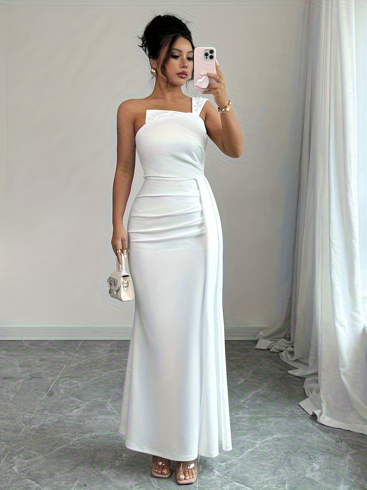 Women's Beaded Pleated Waist Fitted Bridesmaid Dress, Suitable for Dates, Parties, Festivals, Valentine's Day, and Daily Wear - Ivory White