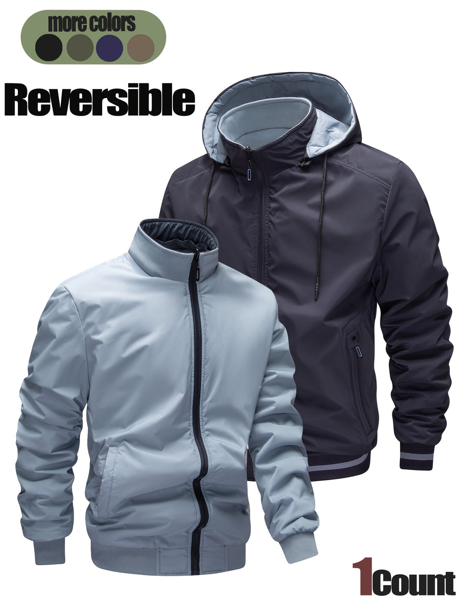 New Men'S Warm Thick Reversible Hooded Outdoor Jacket with Zipper Pockets Detachable Hood And Ribbed Cuffs Versatile Casual Coat for Daily Commute Wild Adventure Skiing Hiking Trekking Daily Outdoor Outfits - Navy Color