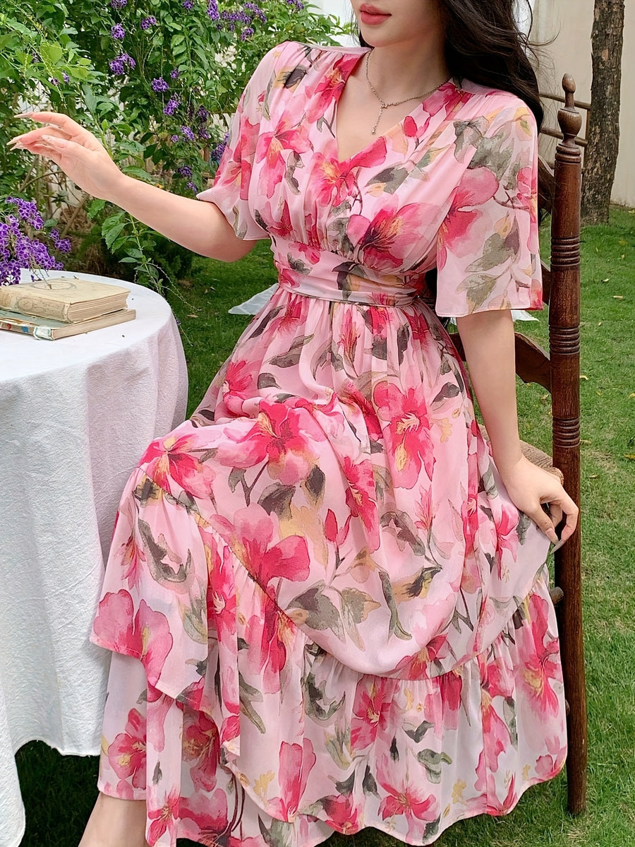 Women's Floral maxi Dress - Elegant Flowy Formal & Casual Event Gown, Non-Stretchy Fabric, Flared A-Line Skirt for Wedding, Party, Vacation - Spring/Summer/Fall Evening Outfits, Floral Print Dress, Summer Outfit, Machine Washable, Bridal Guest Outfit - Watermelon Red