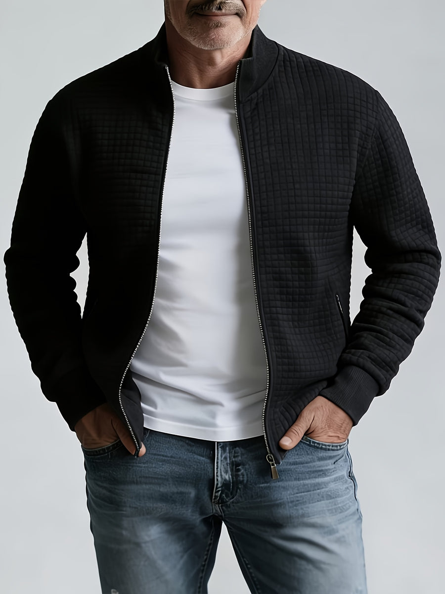 Pearson OBM Men's Casual Jacket, Checkered Embossed Stand Collar Zipper Baseball Jacket, Waffle Texture with Side Seam Slit Pockets, Solid Color Loose Fit Commuter Casual Pilot Jacket for Spring/Autumn - Black