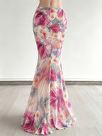 Women'S Fashion Vacation Style Niche Plant Floral Print Mesh Half Skirt Versatile Flowy Long Dress - Mixed colors