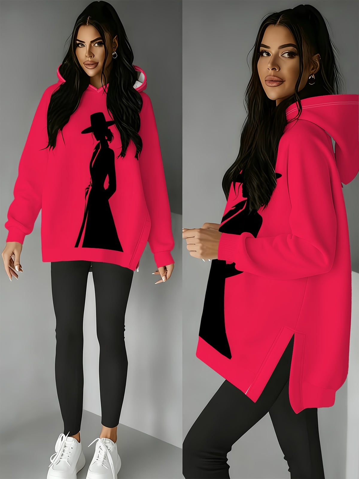 Fashionable Women'S Hooded Sweatshirt with Side Slit Design, Suitable for Autumn And Winter, Perfect for Casual Wear, Cool And Edgy Women'S Silhouette Pattern Top, High-Saturation Bright Background, Full of Presence, Stylish And Eye-Catching - Mixed colors