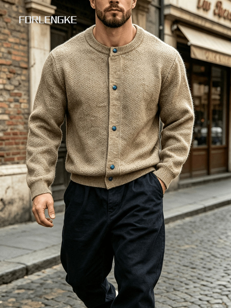 FORLENGKE Autumn Winter Men'S Retro Round Neck Knit Cardigan Heavyweight Hollow Texture Blue Button Loose Sweater Trendy Street Casual All-Match Long Sleeve Top Jacket - Clip Flower Coffee