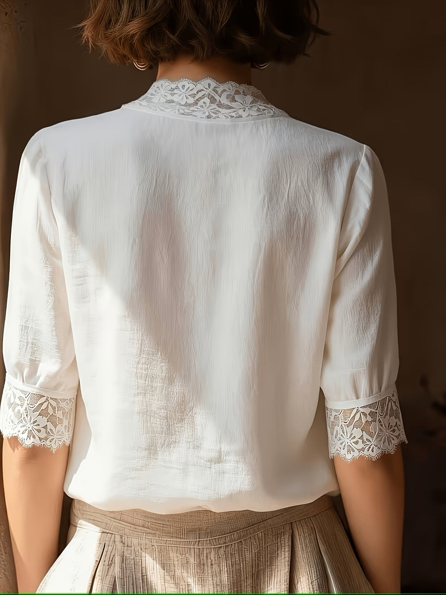 Women'S French Romantic Style Blouse, V-Neck Button-Up Design, Loose Fit, Lace Panel Casual Elegant Top - White