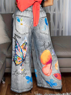 Women's Casual Wide-Leg Pants with Geometric Print - Relaxed Fit, Machine Washable, Pockets, Spring/Summer Lightweight for Casual Attire, Summer Outfit, Vibrant Print Patterns, Durable Material, Loosefit Trousers, Fashion Lovers - Mix Color Gray
