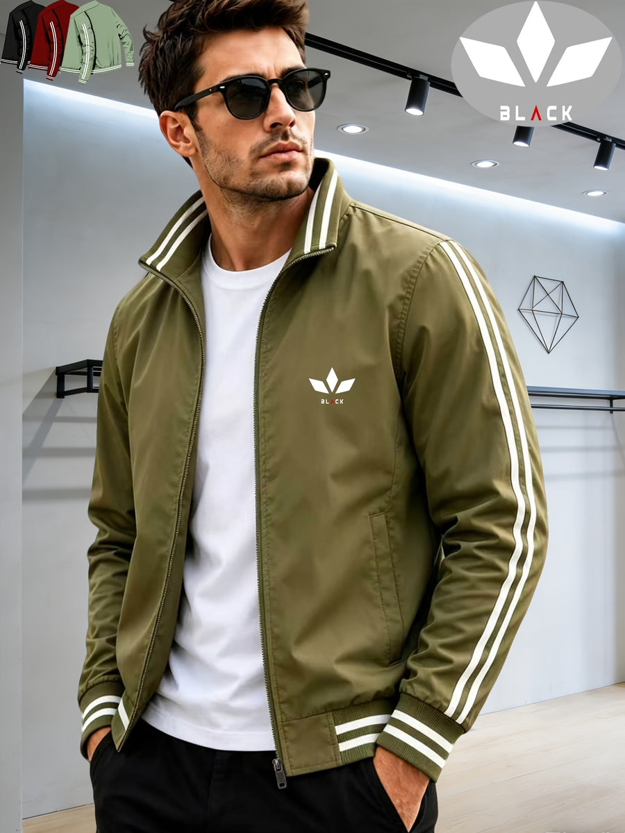 Men's Spring/Autumn Stand Collar Baseball Jacket with "BLACK" Lettering and Diamond Pattern Print, Zipper Front with Contrast Stripes, Lightweight Casual Windproof Sports Jacket - fern green