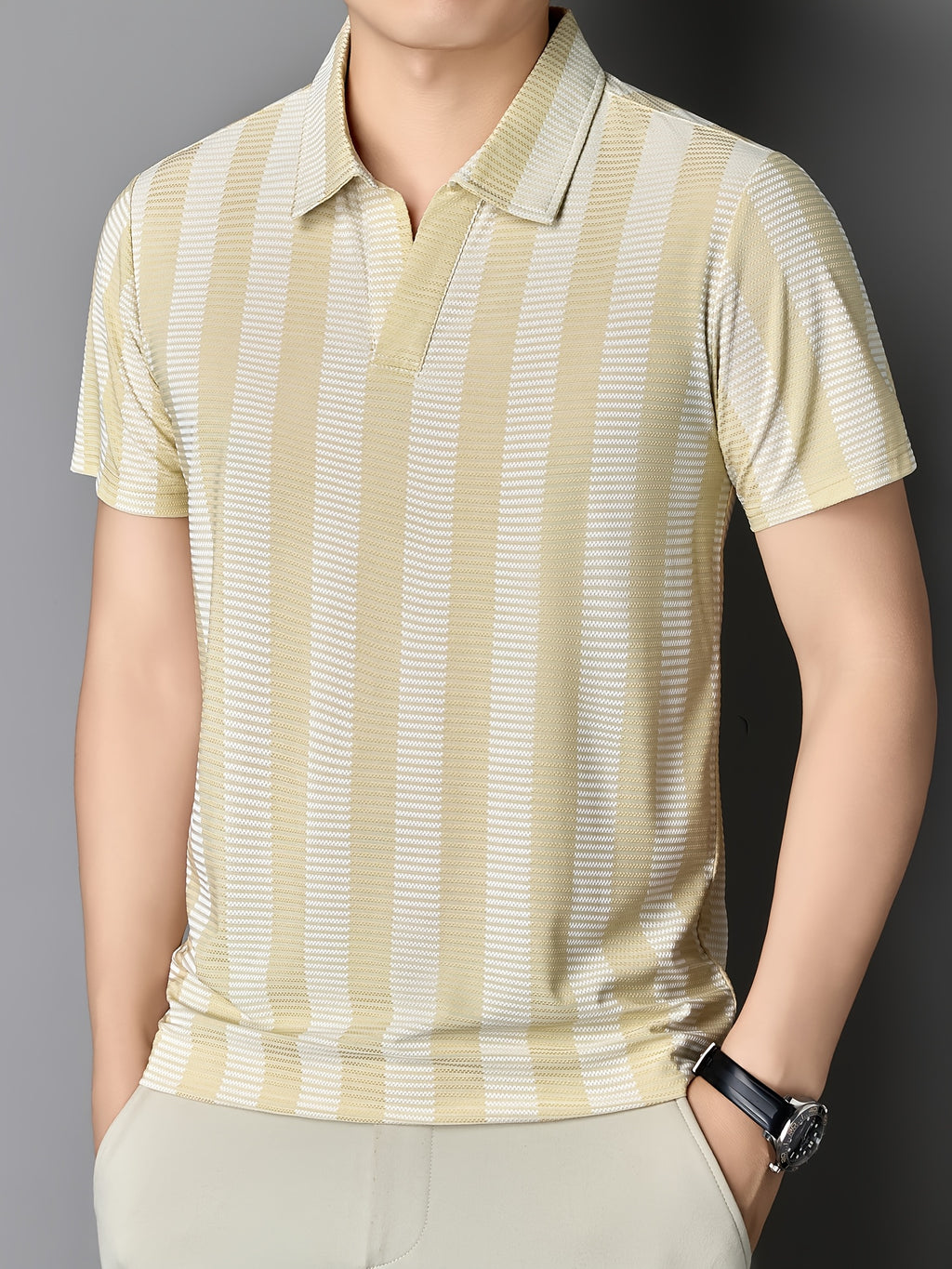 [Sleek Awakening OBM] Spring/Summer New Men'S Polo Shirt, Old Money Style Knit Jacquard Striped Contrast Half-Button Placket Cutaway Collar Short Sleeve T-Shirt for Men, Fashionable And Versatile Pullover Base Layer Top - Apricot