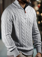 Men's Fashion High-Neck Zipper Twist Knit Sweater, Solid Color Versatile Pullover, Soft Medium-Stretch Fabric, Suitable for Autumn/Winter Office, Date Night, Casual Wear, Ideal as a Gift - Grey